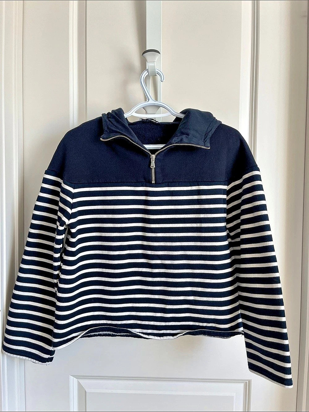 Zara Striped Half-Zip Hoodie in Blue & White Size Medium